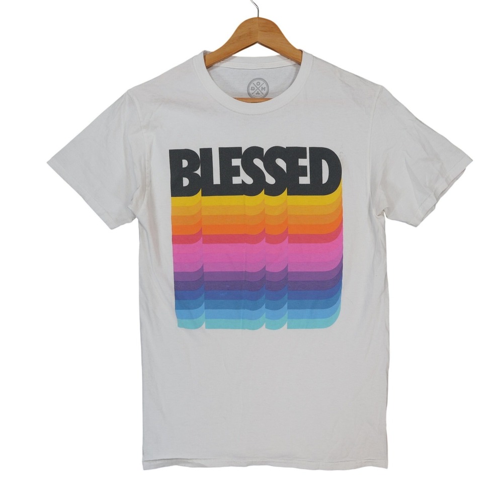 DOM T Shirt Mens Small White Excellent Blessed Rainbow Graphic Tee
